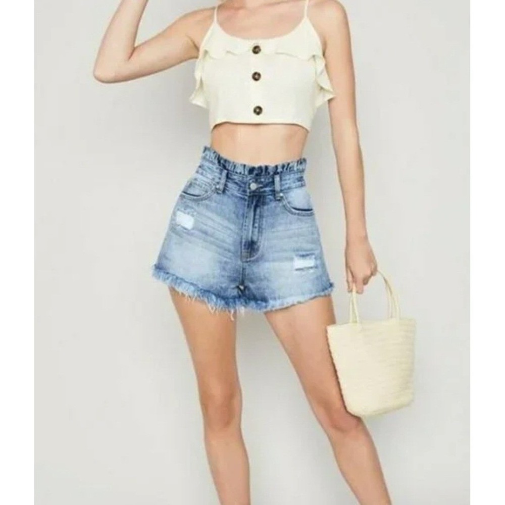 NEW Hayden LA High Waisted Paperbag Distressed Denim Shorts Medium - Picture 2 of 5